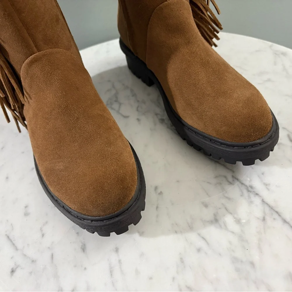 Sam Edelman Tilden Faux Fur Fringe Boots – Chestnut Suede w/ Snakeskin Trim